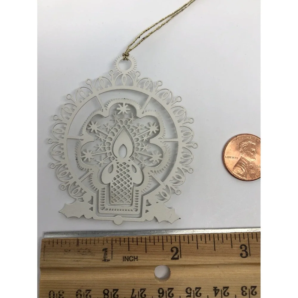 Vintage Christmas Ornament White‎ Type Metal Candle Delicate Cut-Out 2.5